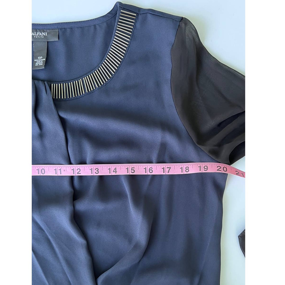 Alfani Navy Sheer Top Chiffon Sleeves Petite 10P Beaded Neckline Lightweight - Picture 9 of 12